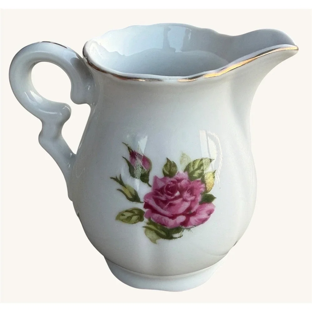 Vintage Enesco Porcelain Creamer Pink & Yellow Roses Scalloped Gold Trim